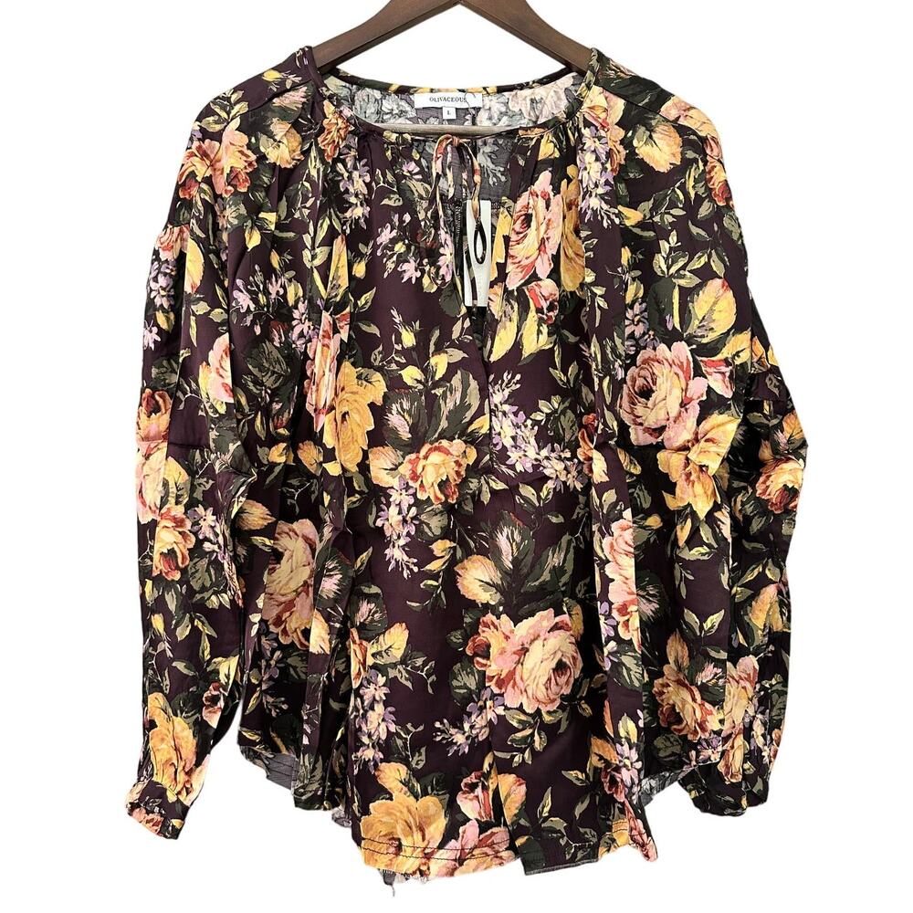 OLIVACEOUS Long Sleeve Tie Front Neck Floral Blouse Loose Fit Top Black Sz L NWT